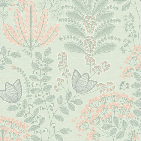 Flowers wallcovering wall Profhome 393493 hot embossed non-woven wallpaper slightly textured with floral ornaments matt green light green pink white 5,33 m2 (1/5)