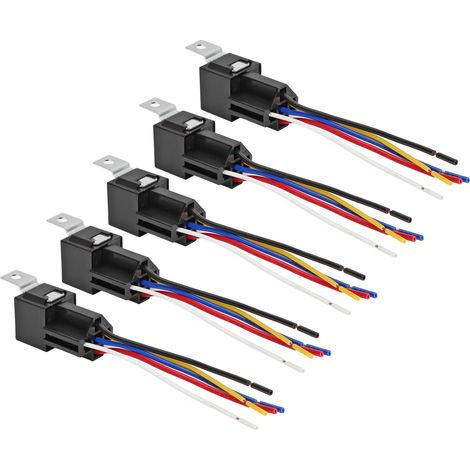 Juego de 5 relés automotrices de 12 V y 40 A, de 5 pines y 5 cables, con zócalo de bloqueo para vehículos. (1/5)