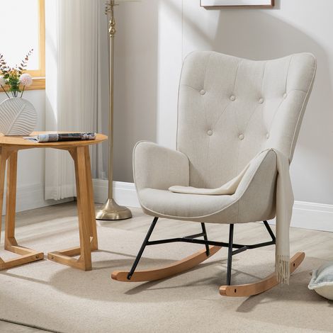 Meubles Cosy – Fauteuil à bascule scandinave en tissu beige – Accoudoirs capitonnés – Structure métal noir et pieds en hêtre – Confort optimal pour salon