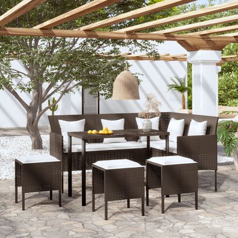 INLIFE Ensemble de canapés en L 5pcs avec coussins Résine tressée Brun (1/5)
