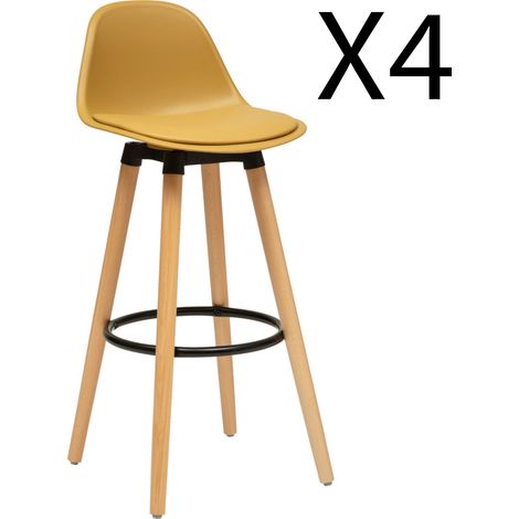 Lot de 4 tabourets de bar en polypropylène jaune, pieds en bois de hêtre -Longueur 39.5 x Profondeur 43 x Hauteur 91.5 cm -PEGANE- (1/3)