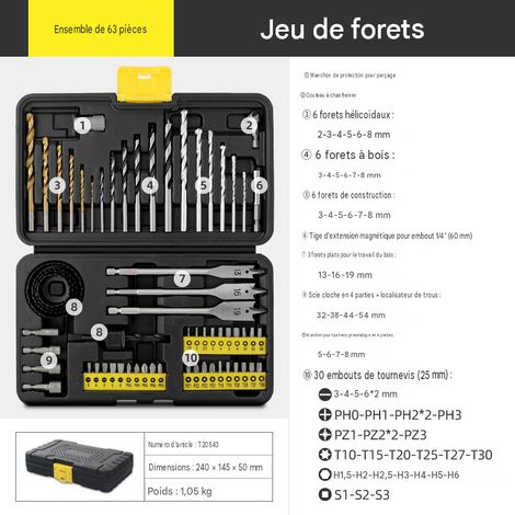 Coffret de 63 forets, forets de construction et de menuiserie, forets pour le perçage de trous, forets pour briques et ciment avec douilles, ensemble complet (1/3)