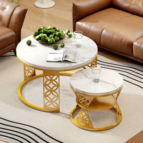 REDOM Lot de 2 tables basses gigognes 70x70x45 cm plateau blanc, structure en métal noir, idéale pour le salon (1/5)
