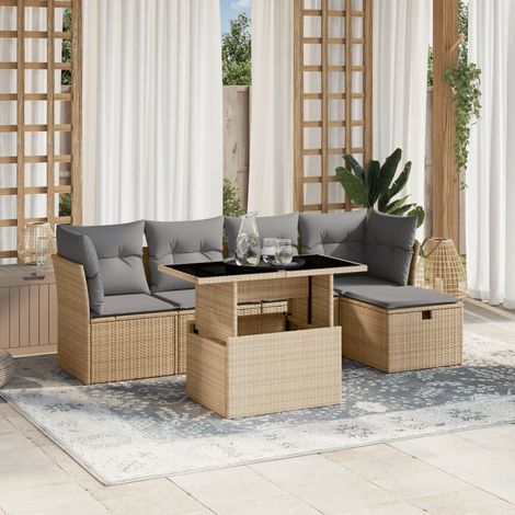Juego de sofás jardín con cojines 6 pzas ratán sintético beige (1/5)