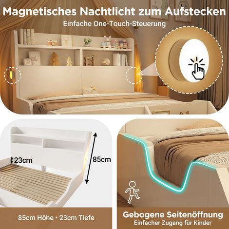 Lit double bois massif 140x200, couchette ado/enfant avec rangements, lampes LED, tablette démontable, sommier lattes, blanc pur, sans matelas (1/5)