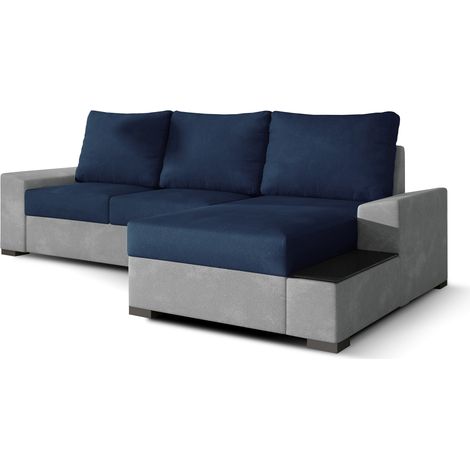 Canapé angle droit convertible tissu doux gris clair et bleu foncé James 245cm (1/5)