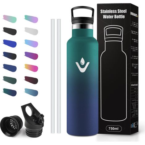 Gourde Inox 750ml avec Paille, Bouteille Isotherme Double Paroi, Sans BPA, Étanche, Réutilisable, Idéale pour École, Cyclisme, Bureau, Extérieur et Camping (1/5)