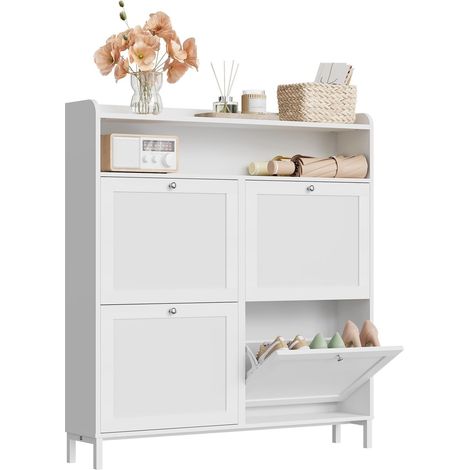 WOLTU Meuble à Chaussures à 4 Portes Abattantes, Armoire à Chaussure pour 8-12 Paires, 100x19,5x107cm, Blanc (1/5)