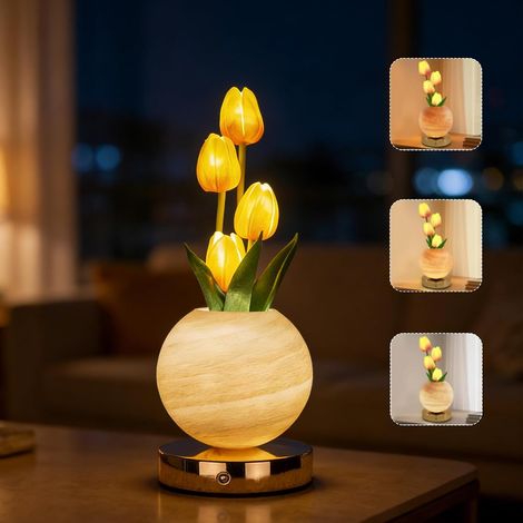 Lampe de table Tulipe, lampe de nuit en cristal tactile tricolore, avec vase à intensité variable, lampe de table rechargeable sans fil, un cadeau romantique pour les femmes et les mères (Tulipe - Ora (1/5)