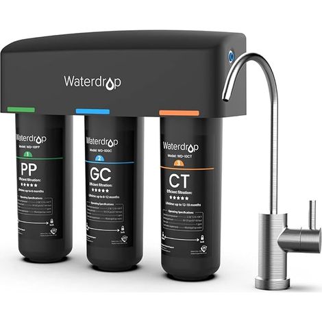 Waterdrop – Filtre sous évier 3 étapes de filtration – Réduit PFAS, PFOA/PFOS – Installation rapide sans outil – Compatible avec systèmes intégrés