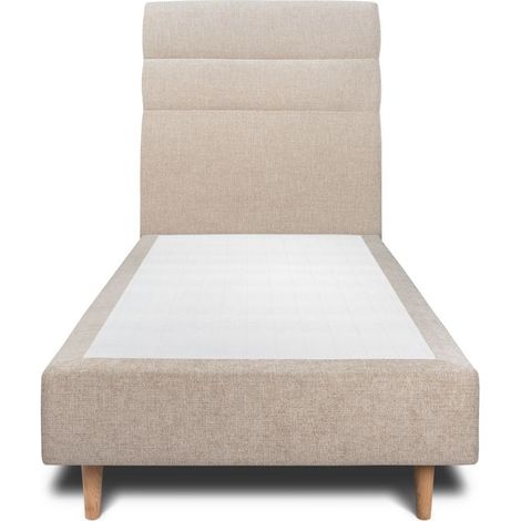 Lit 90x200cm avec tête de lit lignes tissu et sommier tapissier beige brun - Hauteur totale : 35cm (1/4)