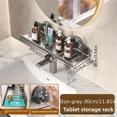 (Gris 30x11x9cm) Organisateur mural créatif à ventouses pour robinet, multifonctionnel, pour maquillage et articles de toilette de salle de bain, avec égouttoir (1/5)