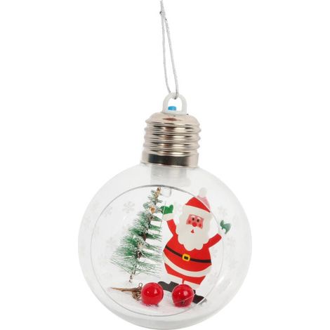Pallina di Natale a LED con statuetta di Babbo Natale, 8 cm, bianca e trasparente, alimentata a batteria. (1/3)
