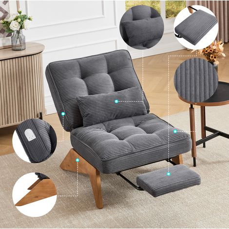 Sillón lounge reclinable 127x73x90 cm gris oscuro de pana con reposapiés y cojín lumbar (1/5)