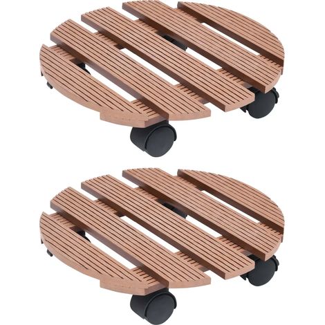 Set di 2 pratici carrelli portapiante da esterno Ø30 x 7,5 cm con ruote girevoli a 360° in WPC marrone 020046082