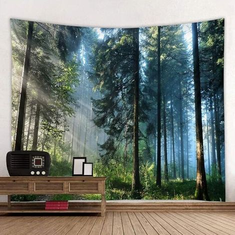 Tapisserie magique de paysage forestier pour décoration d'intérieur, salon, chambre à coucher, rideaux décoratifs (forêt du matin, 60''L × 51''W)