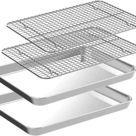 Plaque de cuisson carrée avec grille de refroidissement [2 plaques de cuisson + 2 grilles], acier inoxydable 430, facile à nettoyer, compatible lave-vaisselle, idéale pour la cuisson, plaques + grille (1/5)