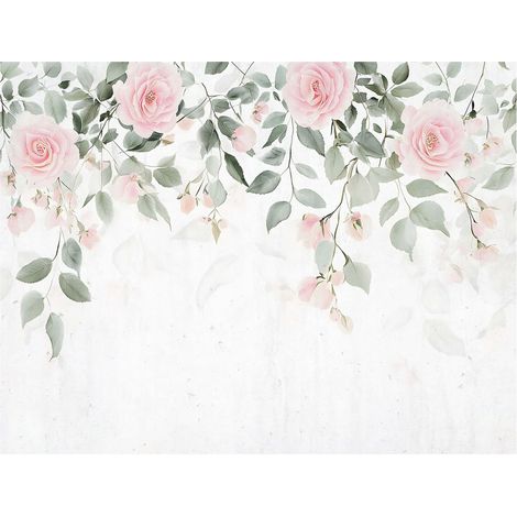Papier peint feuilles vertes et fleurs de rose décoration salon – 200 x 140 cm Wallarena (1/4)