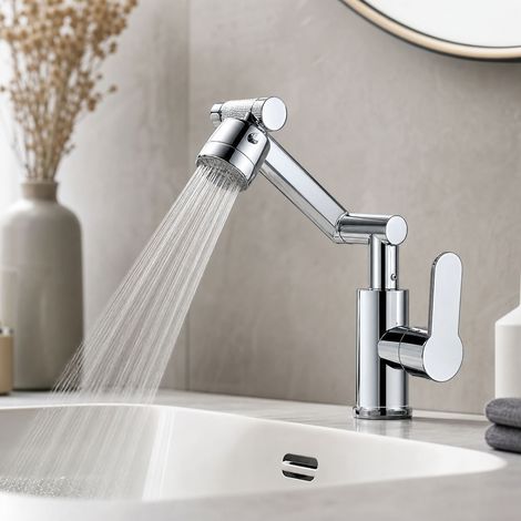 Robinet mitigeur de lavabo rotatif à 360° avec douchette, alliage argenté, double mode jet mousse et puissant, haute pression (1/5)