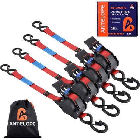 Lot de 4 sangles d'arrimage automatiques avec crochets en S, résistance à la rupture de 680kg, Rouge