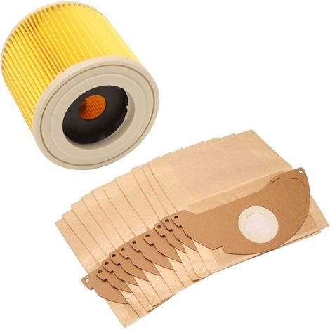10 sacs d'aspirateur et 1 filtre à poussière adaptés pour aspirateur Kärcher WD2 et MV2. Alternatives pour les sacs filtrants 6.959-322.0 et le filtre à cartouche 6.414-552.0 (1/5)