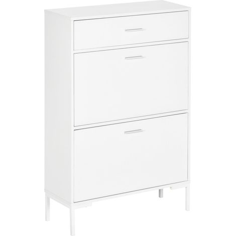 Scarpiera 12 Paia di Scarpe 76x26x110 cm 2 Ante a Ribalta e Cassetto in MDF e Metallo Bianco (1/5)