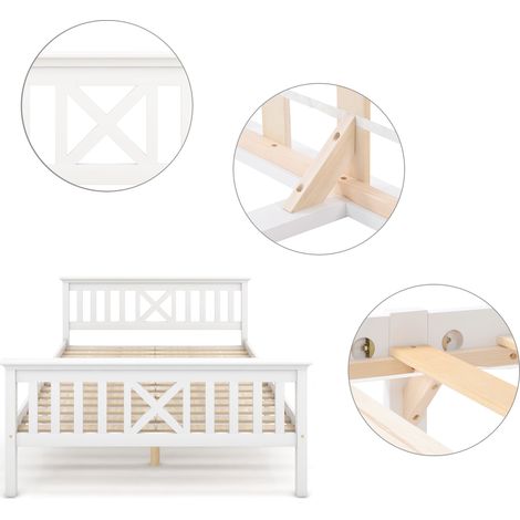 Cama individual 90 x 200 cm de madera blanca con somier y cabecero en X (1/5)