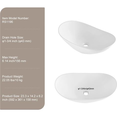 Vasque, Design Ovale, Construction en Céramique, 23.3 x14.2 in (1/2)
