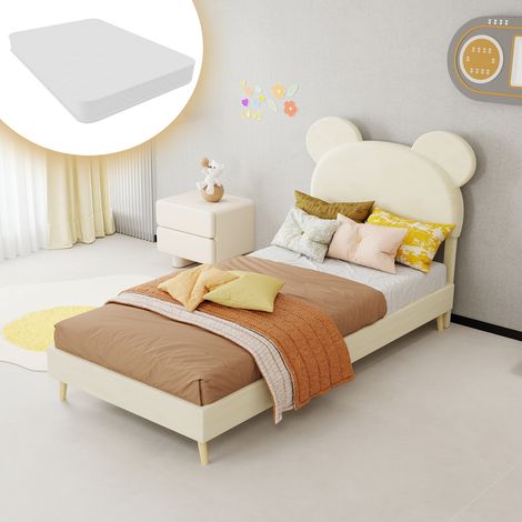 Letto con contenitore in tessuto e metallo beige 90x200 cm con testiera imbottita a forma di cartone (1/5)