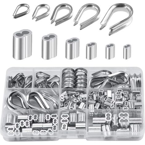 Lot de 250 cosses de câble métallique en aluminium de 6 tailles différentes - Assortiment de manchons à double barillet et 5 cosses de taille pour câble métallique (1/5)
