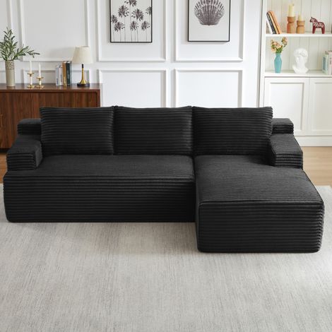 Canapé d'angle en L avec méridienne en velours côtelé 238 x 152 x 66 cm noir OKMYHOME (1/5)