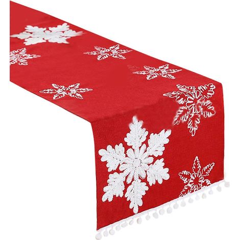 Chemin de table brodé sur le thème de Noël avec flocons de neige blancs, nappe rouge pour décorations de fête de Noël 178 (1/5)