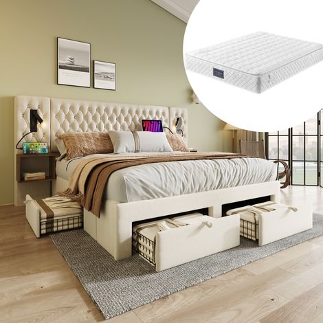 Letto matrimoniale 160x200 cm beige in velluto con materasso, comodini, 4 cassetti, luci e USB (1/5)