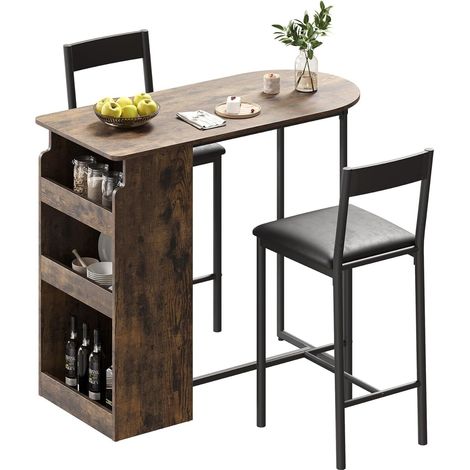 Ensemble Table de Bar et 2 Tabourets en Velours - Table Haute avec Porte-Bouteilles et Étagères - 110x42x91 cm - Marron (1/5)