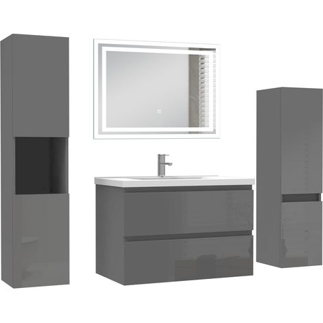 Ocean Ensemble de Meuble salle de bain 79cm avec 2 Tiroirs, miroir led + colonne 110cm et 131.5cm, meuble Anthracite Haut Brillant