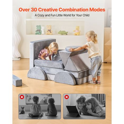 Canapé de Jeu Modulaire pour Enfants Composant 14PCs, Canapé Sectionnel Convertible, avec Accoudoirs, en Éponge 28D et Poils Courts, Sofa Tout-petits pour Chambre d’Enfants Salle de Jeux, Gris (1/5)