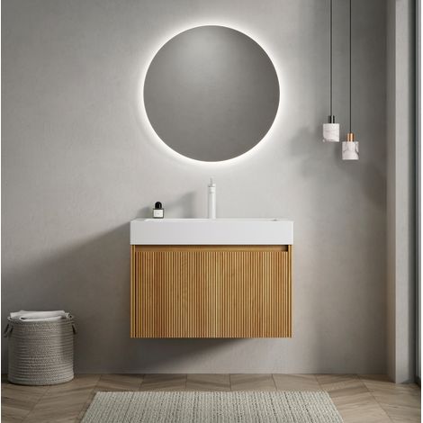 Meuble lave-mains suspendu en bois multicouche décor chêne naturel et résine blanche 70 cm avec tiroir LED (1/5)