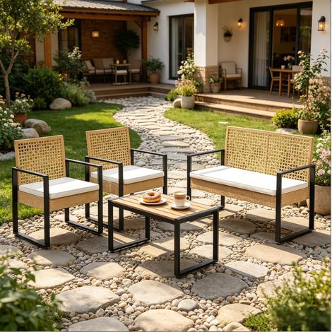 Conjunto de jardín modular de 4 piezas en ratán PE natural DESVIAE (1/5)