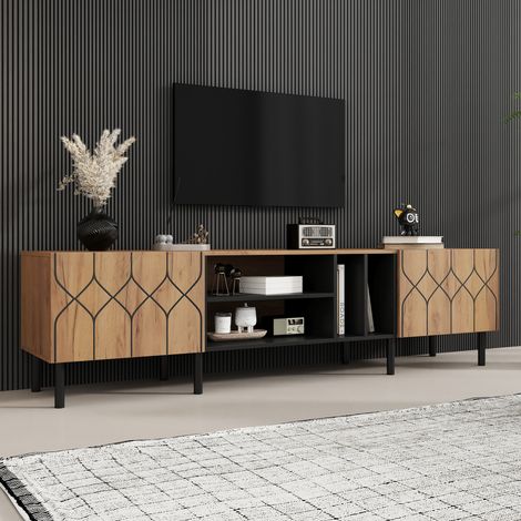 Meuble TV 180×40×50 cm aspect bois naturel‑noir, 2 portes, 4 espaces ouverts, adapté TV jusqu’à 70 pouces (1/5)