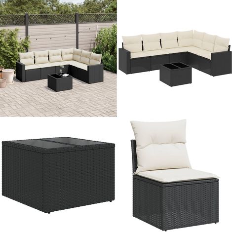 7-tlg. Garten-Sofagarnitur mit Kissen Schwarz Poly Rattan - Gartenmöbel - Outdoor Möbel - Rattan Sofa - Lounge Set - Esstisch - Home & Living (1/5)