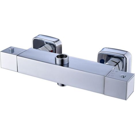 Square Thermostatic Shower Stick Mixing Valve Faucet Chrome Bathroom Double Outlet (1/5)