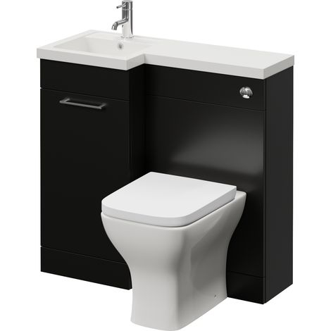 Napoli 390 Matt Black 900mm Single Door Vanity Unit Toilet Suite with Left Hand Square Lucia Basin - 900mm - Chrome 160mm HandleWith Kingston Toilet Pan and Seat