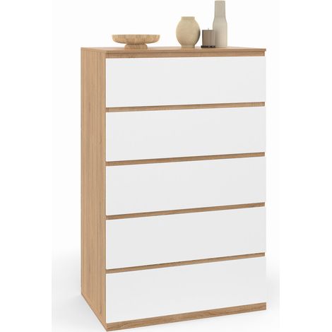 Chiffonnier 5 Schubladen TOMI 60 cm Wochenkommode aus Holz in Buche und Weiß