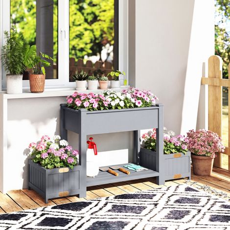 Pot surélevé avec Bois Gris 2 pots latéraux + étagère outils sapin 149x46x76 cm