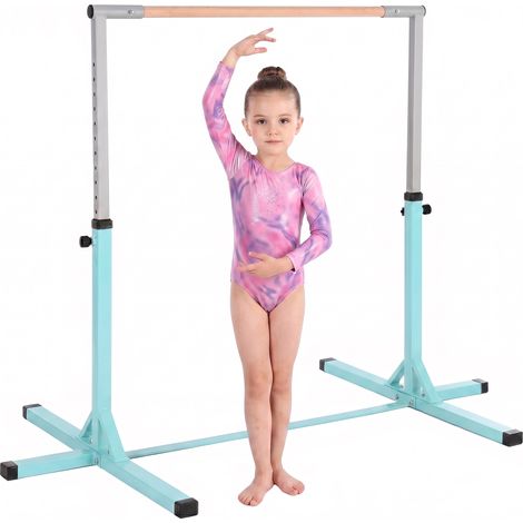 Barre de gymnastique pour enfants de 3 ans et plus, hauteur réglable, en acier et bois de hêtre massif, bleu clair (1/5)