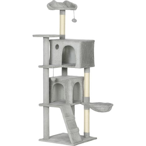 Tiragraffi per gatti da 160 cm, a più livelli, con pali in sisal, grotte, piattaforme imbottite, amaca, scaletta e palline da gioco.