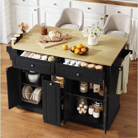 Desserte de cuisine mobile avec plateau rabattable, rangements, sur roulettes, 121x69x89 cm, MDF naturel et noir (1/5)