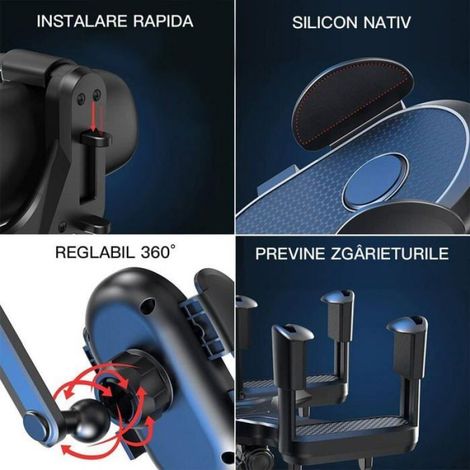 Support téléphone pour voiture, ABS/Polyuréthane, Fixation miroir, 360°, Noir (1/4)