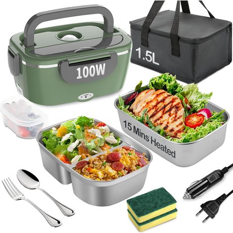 100W Electric Heated Lunch Box Portable Lunch Box 3 in 1 1.5L Stainless Steel Sandwich Box with Removable Compartment 12V/24V/220V Insulated Box for Car/Truck (1/5)