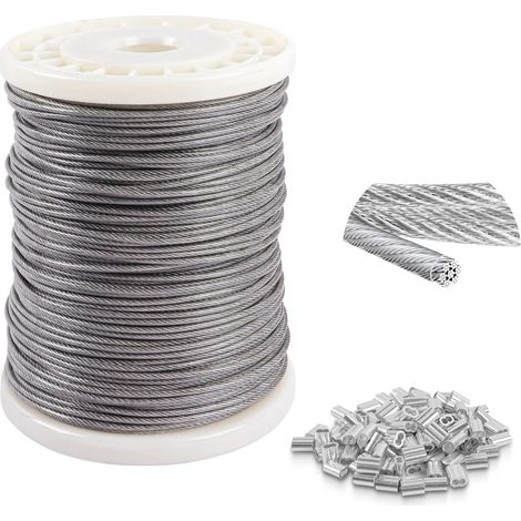 Câble inox 4 mm 100 m, acier inoxydable 7×7 brins gainé PVC, 100 manchons, résistance 550 kg, câble métallique tendeur pour garde-corps, balisage, clôture, haute résistance (1/5)